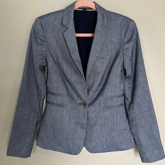 Express Notch Collar One Button Blazer - Blue Linen Blend - 0 - Picture 1 of 13